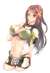 Rule 34 | 10s, 1girl, amagi (kancolle), arm at side, bare shoulders, blush, breasts, brown eyes, brown hair, cleavage, cleavage cutout, clothing cutout, covered erect nipples, crop top, flower, hair between eyes, hair flower, hair ornament, hand on own chest, hip vent, kantai collection, large breasts, long hair, looking at viewer, midriff, mole, mole under eye, navel, smile, solo, standing, zucchini