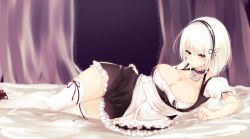 Rule 34 | 1girl, absurdres, anchor, areola slip, azur lane, blurry, blurry background, blush, breasts, choker, cleavage, collarbone, curtains, dress, hair between eyes, hairband, highres, indoors, lace-trimmed hairband, lace trim, large breasts, light particles, looking at viewer, lying, on bed, on side, puffy sleeves, red eyes, ribbon, rudder footwear, shoes, short hair, short sleeves, sidelocks, sirius (azur lane), skindentation, solo, suwakana, thighhighs, white hair, white thighhighs