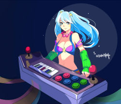 Rule 34 | 1girl, alternate costume, bad id, bad pixiv id, bare shoulders, blue eyes, blue hair, bra, breasts, cleavage, controller, etwahl, fingerless gloves, game controller, gloves, hair ornament, instrument, jewelry, joystick, league of legends, long hair, matching hair/eyes, midriff, minma, necklace, purple bra, smile, solo, sona (league of legends), star (symbol), twintails, underwear