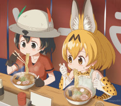Rule 34 | 2girls, animal ears, animal print, artist name, black eyes, black hair, blonde hair, bow, bowl, bowtie, chibi, chopsticks, colored inner hair, eating, elbow gloves, extra ears, food, food in mouth, food stand, gloves, hand up, hands up, hat feather, helmet, high-waist skirt, highres, holding, holding chopsticks, holding spoon, kaban (kemono friends), kemono friends, looking at another, looking at food, looking at object, medium hair, multicolored hair, multiple girls, noodles, pith helmet, print bow, print bowtie, print gloves, print skirt, red shirt, serval (kemono friends), serval print, shirt, short hair, short sleeves, skirt, sleeveless, sleeveless shirt, spoon, steam, t-shirt, tail, tamagoya, traditional bowtie, two-tone bowtie, two-tone hair, upper body, yatai