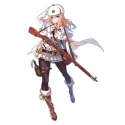 Rule 34 | 1girl, belt, belt pouch, blonde hair, blue eyes, blush, bolt action, boots, full body, fur hat, fur trim, girls&#039; frontline, gloves, gun, gun sling, hat, knee boots, looking at viewer, molotov cocktail, mosin-nagant, mosin-nagant (girls&#039; frontline), nightmaremk2, official art, pantyhose, pouch, revision, rifle, skirt, smile, solo, transparent background, ushanka, weapon