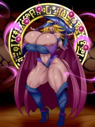 Rule 34 | 1girl, absurdres, areola slip, ass, ber00, blonde hair, blue eyes, breasts, clothes, dark magician girl, female focus, hair ribbon, half-closed eyes, hat, highres, huge breasts, lipstick, looking at viewer, magician, makeup, red lips, ribbon, solo, yu-gi-oh!