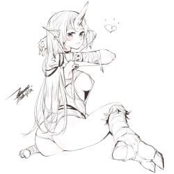 Rule 34 | 1girl, ass, bandages, breasts, character request, closed mouth, dated, earrings, ejami, horns, jewelry, long hair, looking at viewer, monochrome, pointy ears, signature, simple background, single horn, solo, soraka (league of legends), very long hair, white background
