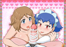Rule 34 | 1boy, 2girls, ash ketchum, blue eyes, blue hair, blush, breasts, brown hair, censored, cleavage, creatures (company), game freak, gouguru, gradient background, large breasts, looking at viewer, miette (pokemon), multiple girls, nintendo, open mouth, pokemon, pokemon (anime), red eyes, serena (pokemon), tongue, tongue out