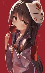 Rule 34 | 1girl, blush, bow, brown hair, candy apple, closed mouth, darnell, fingernails, floral print, food, fox mask, hair between eyes, highres, holding, holding food, japanese clothes, kimono, long hair, long sleeves, looking at viewer, mask, mask on head, obi, original, print kimono, red background, red bow, red eyes, red kimono, sash, simple background, sleeves past wrists, solo, tongue, tongue out, very long hair, wide sleeves