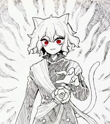 Rule 34 | 1other, androgynous, animal ears, cat ears, cat tail, chimera ant, fingernails, floral print, highres, hunter x hunter, kisaragi 02468, long sleeves, looking at viewer, monochrome, neferpitou, other focus, red eyes, rose print, sharp fingernails, short hair, smile, solo, tail, upper body, white background, white hair