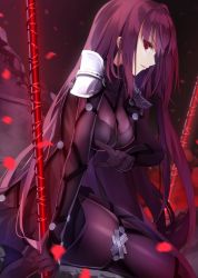 Rule 34 | 1girl, armor, bodysuit, breasts, fate/grand order, fate (series), gae bolg (fate), highres, large breasts, long hair, looking at viewer, looking to the side, minamina, parted lips, pauldrons, petals, polearm, purple bodysuit, purple hair, red eyes, scathach (fate), shoulder armor, solo, spear, thighs, weapon