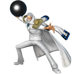 Rule 34 | 1boy, 3d, absurdres, beard, blue shirt, brown eyes, cannon ball, collared shirt, facial hair, fighting stance, formal, full body, highres, jacket, jacket on shoulders, male focus, monkey d. garp, mustache, necktie, official art, old, one piece, one piece: pirate warriors, pants, scar, shirt, shoes, simple background, smile, solo, suit, white footwear, white hair, white pants, white suit, wrinkled skin