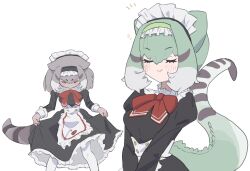 Rule 34 | 2girls, apron, bow, bowtie, chinese water dragon (kemono friends), closed eyes, dress, frilled lizard (ex) (kemono friends), green hair, grey hair, highres, kemono friends, kunikuni (kunihiro2005), lizard tail, looking at viewer, maid, maid apron, maid headdress, multiple girls, pantyhose, short hair, simple background, skirt, tail
