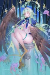 1girl ahoge angie03 bird_legs breasts brown_feathers brown_wings fate/grand_order fate_(series) feathered_wings feathers green_eyes green_hair harpy highres huge_ahoge jewelry large_breasts long_hair louhi_(fate) louhi_(third_ascension)_(fate) monster_girl necklace pillar sitting smile solo talons teeth thighs tooth_necklace underboob very_long_hair winged_arms wings