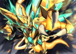 Rule 34 | alternate form, armor, artist name, colored skin, digimon, digimon (creature), dragon, energy wings, fewer digits, forehead jewel, gold armor, incoming attack, magnamon x-antibody, orange skin, red eyes, ryo@