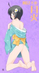 Rule 34 | 1girl, absurdres, ahoge, aqua kimono, araragi tsukihi, artist logo, artist name, ass, bare back, bare shoulders, barefoot, black hair, blue eyes, blush, character name, clothes lift, commentary, dragonfly print, egg hair ornament, facing away, food-themed hair ornament, fried egg, from behind, full body, furisode, hair ornament, hands on own chest, highres, japanese clothes, kikumaru bunta, kimono, kimono lift, kneeling, looking at viewer, looking back, monogatari (series), no bra, no panties, parted lips, purple background, short hair, short kimono, shoulder blades, signature, soles, solo, texture, toes, translated, undressing
