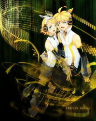 Rule 34 | 1boy, 1girl, aqua eyes, arm warmers, bad id, bad pixiv id, bare shoulders, blonde hair, bow, brother and sister, detached sleeves, hair bow, hair ornament, hairclip, headphones, highres, kagamine len, kagamine len (append), kagamine rin, kagamine rin (append), kurage, short hair, shorts, siblings, transparent, twins, vest, vocaloid, vocaloid append