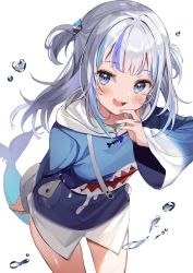 Rule 34 | 1girl, bent over, blue eyes, blue nails, blue shirt, blush, fins, fish tail, gawr gura, gawr gura (1st costume), highres, hololive, hololive english, kanda done, looking at viewer, multicolored hair, nail polish, no pants, shark tail, shirt, short twintails, sidelocks, simple background, solo, standing, tail, thighs, twintails, virtual youtuber, white background, white hair, wide sleeves