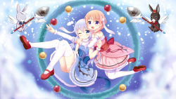 Rule 34 | 2girls, :d, ;o, absurdres, animal, anko (gochiusa), bare shoulders, blue dress, blue eyes, blush, chihong de tianshi, christmas, christmas ornaments, christmas wreath, commentary request, detached sleeves, dress, fur-trimmed skirt, fur-trimmed sleeves, fur trim, gochuumon wa usagi desu ka?, highres, holding, holding spoon, hoto cocoa, hug, hug from behind, kafuu chino, kneeling, light brown hair, long hair, long sleeves, mary janes, multiple girls, one eye closed, open mouth, parted lips, pink skirt, pleated skirt, purple eyes, rabbit, red footwear, shoes, silver hair, single detached sleeve, skirt, smile, spoon, thighhighs, very long hair, white legwear, white wings, wild geese, wings, wreath
