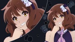 Rule 34 | 1girl, brown eyes, brown hair, cosplay, detached sleeves, finger to mouth, grin, hair ornament, hibike! euphonium, highres, hoshino ai (oshi no ko), hoshino ai (oshi no ko) (cosplay), index finger raised, looking at viewer, necktie, oshi no ko, oumae kumiko, parody, pink necktie, pointing, pointing at self, scene reference, short hair, smile, smug, solo, teeth, usagihop, watermark, wavy hair