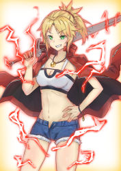 Rule 34 | 1girl, absurdres, artist request, blonde hair, breasts, clarent (fate), cleavage, cowboy shot, denim, denim shorts, fang, fate/apocrypha, fate (series), green eyes, hand on own hip, highres, jacket, jacket on shoulders, midriff, mordred (fate), mordred (fate/apocrypha), mordred (memories at trifas) (fate), short shorts, shorts, small breasts, smile, solo