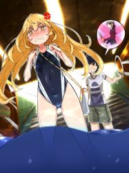 Rule 34 | + +, 1boy, 1girl, aged down, ahoge, anger vein, bag, black one-piece swimsuit, blonde hair, blush, breasts, colored eyelashes, commentary, competition swimsuit, covered navel, gluteal fold, hair between eyes, handbag, highres, irokohaku, kamijou touma, long hair, matching hair/eyes, nose blush, one-piece swimsuit, school swimsuit, shokuhou misaki, small breasts, stairs, subway station, swimsuit, toaru majutsu no index, toaru majutsu no index: new testament, tokiwadai school swimsuit, wading, water, wavy mouth, yellow eyes