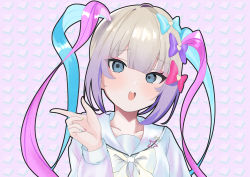 Rule 34 | 1girl, :o, absurdres, blue eyes, blush, bow, chouzetsusaikawa tenshi-chan, collarbone, finger gun, hair bow, highres, holographic clothing, iridescent, mengfeng2575 (moekaze), multicolored nails, nail polish, needy girl overdose, quad tails, silver hair, simple background, solo