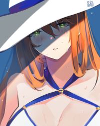 Rule 34 | 1girl, alracoco, bikini, blue background, blush, breasts, brown hair, cleavage, girls&#039; frontline, green eyes, hair between eyes, hair rings, hat, long hair, looking at viewer, official alternate costume, parted lips, sidelocks, simple background, solo, springfield (girls&#039; frontline), springfield (stirring mermaid) (girls&#039; frontline), sweat, swimsuit, upper body, white bikini, white hat