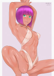 Rule 34 | 1girl, abs, alternate costume, armpits, arms up, bikini, breasts, cameltoe, cleavage, covered erect nipples, dark-skinned female, dark skin, gluteal fold, green eyes, highres, looking at viewer, medium breasts, menat, navel, parted lips, purple hair, short hair, simple background, solo, squatting, stomach, street fighter, street fighter v, swimsuit, toned, white bikini, zenkou