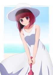 Rule 34 | 1girl, arima kana, bare shoulders, beach, blue sky, blurry, blurry background, bob cut, border, closed mouth, collarbone, commentary, commentary request, cowboy shot, day, dress, english commentary, hat, highres, holding, ibispaint (medium), inverted bob, looking at viewer, medium hair, mixed-language commentary, nm (blue-rapid), oshi no ko, red eyes, red hair, shadow, sky, sleeveless, sleeveless dress, smile, solo, sun hat, sundress, white border, white dress, white hat