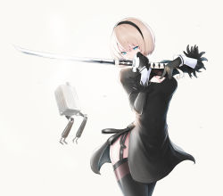 Rule 34 | 1girl, black dress, black gloves, black hairband, black thighhighs, blonde hair, breasts, cleavage, cleavage cutout, clothing cutout, commentary request, covered navel, cowboy shot, dress, gloves, hairband, hands up, highres, katana, long sleeves, medium breasts, nier:automata, nier (series), no blindfold, pod (nier:automata), short hair, side slit, simple background, skindentation, solo, sword, thighhighs, weapon, white background, 2b (nier:automata), yuuge ningen