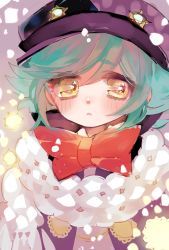 Rule 34 | 1boy, bad id, bad pixiv id, blush, bow, bowtie, copyright request, fur trim, green hair, hat, jacket, looking at viewer, male focus, mamaloni, parted lips, red bow, red bowtie, show by rock!!, solo, upper body, yellow eyes