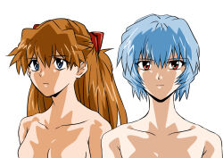 Rule 34 | 2girls, ayanami rei, bare arms, bare shoulders, blue eyes, blue hair, breasts, brown hair, expressionless, eywy4324, feet out of frame, highres, interface headset, long hair, looking at viewer, medium breasts, multiple girls, neon genesis evangelion, nude, red eyes, shaded face, short hair, simple background, souryuu asuka langley, two side up, upper body, white background