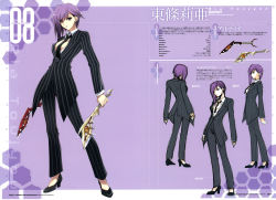 Rule 34 | 1girl, absurdres, breasts, character sheet, cleavage, concept art, dual wielding, earrings, formal, full body, hair over one eye, highres, holding, jewelry, large breasts, lips, lipstick, looking at viewer, makeup, mole, mole under eye, multiple views, necktie, non-web source, phantom breaker, pinstripe pattern, pinstripe suit, purple eyes, short hair, short sword, simple background, standing, striped, suit, suzuhira hiro, sword, toujou ria, turnaround, weapon