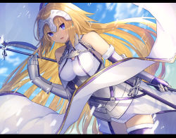 Rule 34 | 1girl, armor, bad id, bad pixiv id, black thighhighs, blonde hair, breasts, chain, coyucom, fate/grand order, fate (series), flag, headpiece, holding, holding flag, jeanne d&#039;arc (fate), jeanne d&#039;arc (ruler) (fate), jeanne d&#039;arc (third ascension) (fate), large breasts, looking at viewer, parted lips, solo, thighhighs