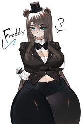 Rule 34 | animal ears, bear ears, blue eyes, bow, bowtie, breasts, brown hair, cleavage, cleavage cutout, clothing cutout, five nights at freddy&#039;s, freddy fazbear, furry, furry female, gloves, hat, highres, large breasts, long hair, looking at viewer, microphone, midriff, navel, pants, robot, serious, thick thighs, thighs, togetoge, top hat, wide hips