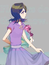 Rule 34 | 1girl, absurdres, arm behind back, black hair, bleach, bouquet, closed mouth, dated, dress, flower, grey background, highres, holding, holding bouquet, holding clothes, holding dress, jou (jo jjo), kuchiki rukia, looking to the side, medium hair, petite, purple dress, purple eyes, solo, text background