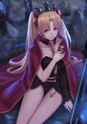 Rule 34 | 1girl, bare legs, black dress, black panties, blonde hair, bow, cape, closed mouth, detached collar, dress, earrings, ereshkigal (fate), fate/grand order, fate (series), feet out of frame, fingernails, hair bow, hairband, hand on own chest, jewelry, legs together, long hair, looking at viewer, nail polish, orange eyes, panties, red bow, red cape, single sleeve, sitting, skull, solo, tohsaka rin, twintails, underwear, whitem (whiteemperor2020)