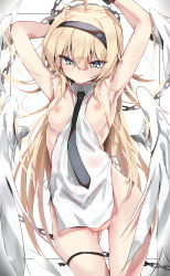 Rule 34 | 1girl, absurdres, ahoge, angel wings, armpits, arms up, blonde hair, blue eyes, blush, breasts, chain, hairband, highres, long hair, necktie, nipples, original, pussy juice, small breasts, solo, toshizou (0714), wings