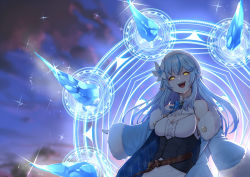 Rule 34 | 1girl, belt, beret, blue bow, blue bowtie, blue hair, bow, bowtie, coat, evil smile, flower, fur-trimmed coat, fur trim, glowing, glowing eyes, hair flower, hair ornament, half updo, hat, highres, hololive, ice, long hair, long sleeves, magic, magic circle, mikan (chipstar182), pointy ears, smile, solo, upper body, virtual youtuber, yellow eyes, yukihana lamy