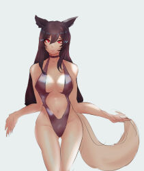 Rule 34 | 1girl, absurdres, ahri (league of legends), alternate eye color, animal ears, arms at sides, black hair, breasts, expressionless, eyebrows, eyelashes, feet out of frame, female focus, fox ears, fox girl, fox tail, grey background, grey one-piece swimsuit, highleg, highleg swimsuit, highres, large breasts, league of legends, long hair, looking at viewer, navel, one-piece swimsuit, outstretched hands, parted lips, red eyes, simple background, solo, standing, swimsuit, tail, teeth, thigh gap, tnt (pixiv8487740)