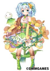 Rule 34 | 1girl, aqua eyes, arm warmers, blue hair, blush, boots, bow (weapon), breasts, brown socks, cleavage, cleavage cutout, clothing cutout, dress, expressionless, flower, flower knight girl, frills, full body, green dress, green footwear, green hairband, hair flower, hair ornament, hairband, holding, holding bow (weapon), holding weapon, knee boots, kneehighs, looking at viewer, name connection, object namesake, official art, short hair, shouni (sato3), simple background, small breasts, socks, solo, standing, suzuna (flower knight girl), twintails, weapon, white background