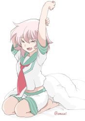 Rule 34 | 1girl, barefoot, blanket, closed eyes, emuwai, fang, green sailor collar, kantai collection, neckerchief, one-hour drawing challenge, pink hair, red neckerchief, sailor collar, school uniform, seiza, serafuku, shirt, short hair, short sleeves, shorts, simple background, sitting, skin fang, smile, solo, stretching, tama (kancolle), white background, white shirt, white shorts