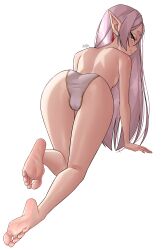 Rule 34 | 1girl, absurdres, ass, barefoot, blush, feet, frieren, green eyes, grey hair, highres, long hair, looking at viewer, looking back, pointy ears, smile, soles, sousou no frieren, toes, topless, x xith x