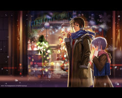 Rule 34 | 10s, 1boy, 1girl, alphonse (white datura), bad id, bad pixiv id, bag, brown eyes, brown hair, christmas, coat, couple, glasses, height difference, hetero, holding sleeve, holiday, jacket, kyon, letterboxed, merry christmas, nagato yuki, new year, petite, purple hair, scarf, scenery, short hair, striped clothes, striped scarf, suzumiya haruhi no shoushitsu, suzumiya haruhi no yuuutsu, walking, window, window display, winter