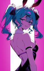 Rule 34 | 1girl, absurdres, animal ears, arm strap, backless leotard, bare arms, black bow, black leotard, blue eyes, blue hair, bow, breasts, choker, facial mark, from behind, grin, hair bow, hair intakes, hair ornament, hairband, half-closed eyes, hatsune miku, highres, izlnxo, leotard, looking at viewer, looking back, parted lips, pink hairband, playboy bunny, rabbit ears, rabbit hole (vocaloid), short hair, shoulder blades, sideboob, skindentation, small breasts, smile, solo, strapless, strapless leotard, twintails, upper body, vocaloid, white choker, x hair ornament