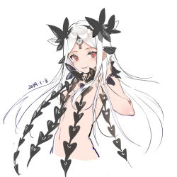 Rule 34 | 1girl, abigail williams (fate), abigail williams (third ascension) (fate), black panties, breasts, butterfly hair ornament, cropped torso, dated, fate/grand order, fate (series), hair ornament, hand up, hat, long hair, looking at viewer, medium breasts, navel, no headwear, panties, parted bangs, parted lips, red eyes, rero (bigdoorbig2), revealing clothes, simple background, solo, topless, underwear, very long hair, white background, white hair, witch hat