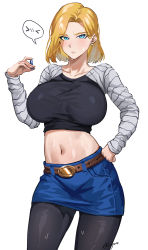 Rule 34 | &gt; &lt;, 1girl, absurdres, android 18, belt, black pantyhose, blonde hair, blue eyes, blush, breasts, celyn404, closed mouth, denim, denim skirt, dragon ball, dragonball z, highres, impossible clothes, impossible shirt, large breasts, looking at viewer, midriff, navel, pantyhose, raglan sleeves, shirt, simple background, skirt, solo, speech bubble, sweat, white background