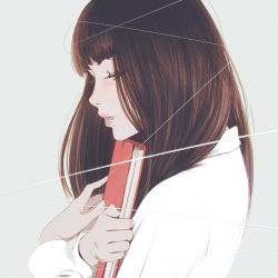 Rule 34 | 1girl, blunt bangs, book, brown hair, closed eyes, holding, holding book, ilya kuvshinov, lips, long hair, original, parted lips, profile, simple background, solo, upper body