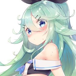 Rule 34 | 10s, 1girl, adapted costume, aqua hair, bad id, bad pixiv id, bare shoulders, bikini, bikini top only, black ribbon, blue eyes, blue neckerchief, choker, commentary request, eyes visible through hair, from below, hair between eyes, hair ornament, hair ribbon, hairclip, kantai collection, long hair, looking at viewer, looking down, mao ge, neckerchief, off shoulder, parted lips, ponytail, ribbon, sailor bikini, sailor collar, solo, swimsuit, tareme, upper body, very long hair, white choker, yamakaze (kancolle)