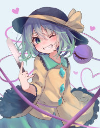 Rule 34 | 1girl, ameshi (rzuw4482), black hat, blouse, blush, buttons, clenched teeth, collared shirt, commentary, eyeball, fang, frilled shirt collar, frilled sleeves, frills, green eyes, green hair, green skirt, grin, hair between eyes, hand up, hat, hat ribbon, head tilt, heart, heart of string, highres, komeiji koishi, light blue background, long sleeves, looking at viewer, m/, one eye closed, ribbon, shirt, short hair, sidelocks, simple background, skirt, smile, solo, symbol-shaped pupils, teeth, third eye, touhou, wide sleeves, yellow ribbon, yellow shirt