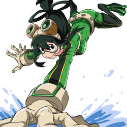 Rule 34 | 1girl, :&gt;, asui tsuyu, black eyes, black hair, blush, bodysuit, boku no hero academia, breasts, commentary request, frog girl, gloves, green bodysuit, hair between eyes, hair rings, long hair, long tongue, looking at viewer, low-tied long hair, medium breasts, open mouth, simple background, smile, solo, tongue, tongue out, water, white background, yazwo