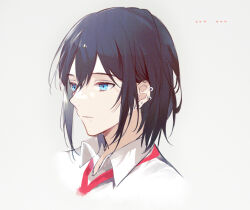 Rule 34 | ..., 1boy, bai qi-qsr, black hair, blue eyes, chinese commentary, collared shirt, commentary request, cropped shoulders, ear piercing, earrings, expressionless, eyelashes, grey background, hori-san to miyamura-kun, jewelry, looking ahead, male focus, miyamura izumi, necktie, parted lips, piercing, red necktie, shirt, short hair, simple background, solo, stud earrings, white shirt