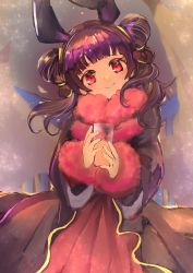 Rule 34 | 1girl, absurdres, aburiengawa3150, animal ears, black coat, blush, coat, cup, dragon girl, dragon wings, dress, drink, drinking, drinking glass, eyebrows, fake animal ears, fire emblem, fire emblem: the sacred stones, fur-trimmed coat, fur-trimmed sleeves, fur trim, glass, halloween, highres, long hair, long sleeves, looking at viewer, multi-tied hair, myrrh (fire emblem), nintendo, official alternate costume, puffy long sleeves, puffy sleeves, purple hair, rabbit ears, red dress, red eyes, smile, solo, standing, twintails, wings, yellow wings
